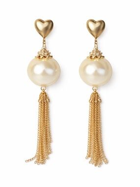 Vintage Betsey Johnson Heart Pearl Tassel Statement Earrings Gold Tone